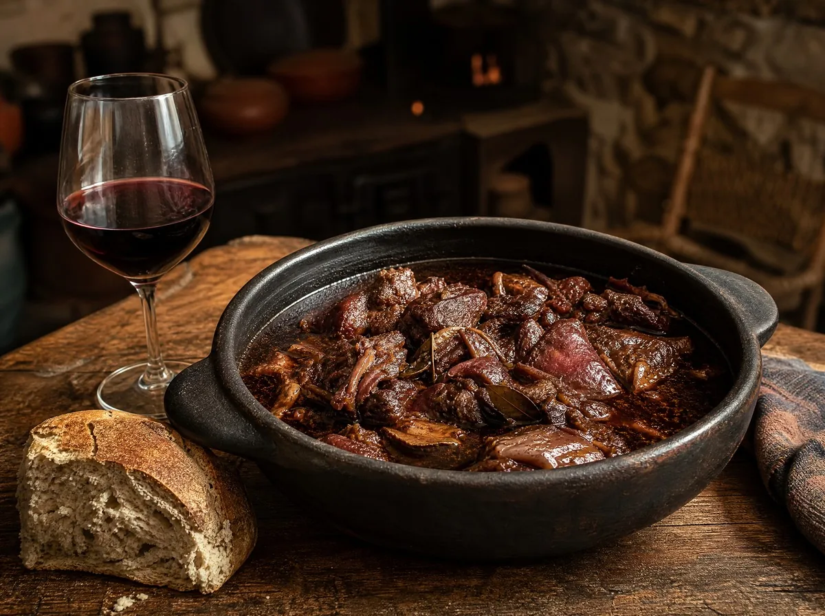 A black clay pot of chanfana, goat braised in red wine, from central Portugal