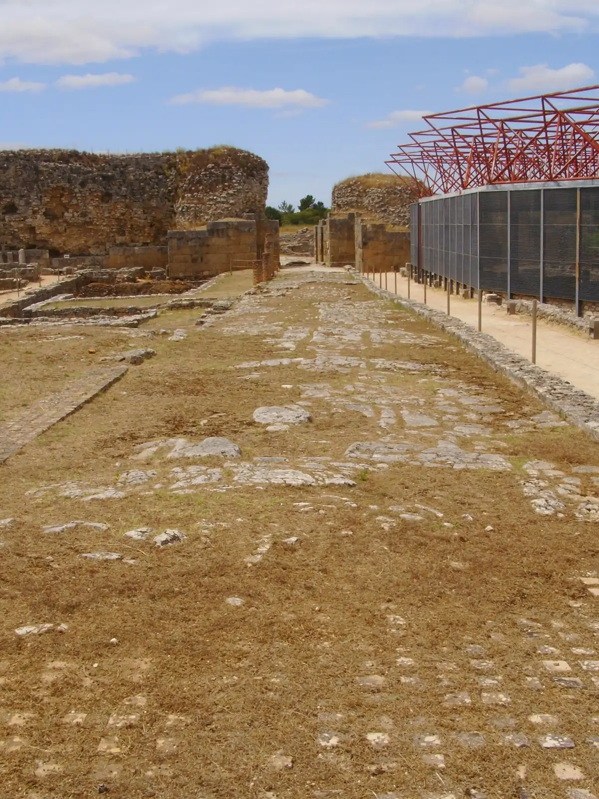Mosaic floor and colonnade at the Roman ruins of Con&iacute;mbriga