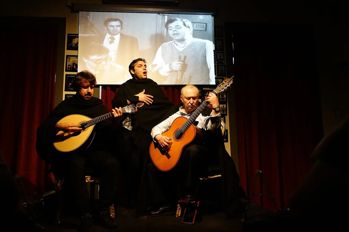 A Coimbra guitarra and a singer in academic dress at a small fado house