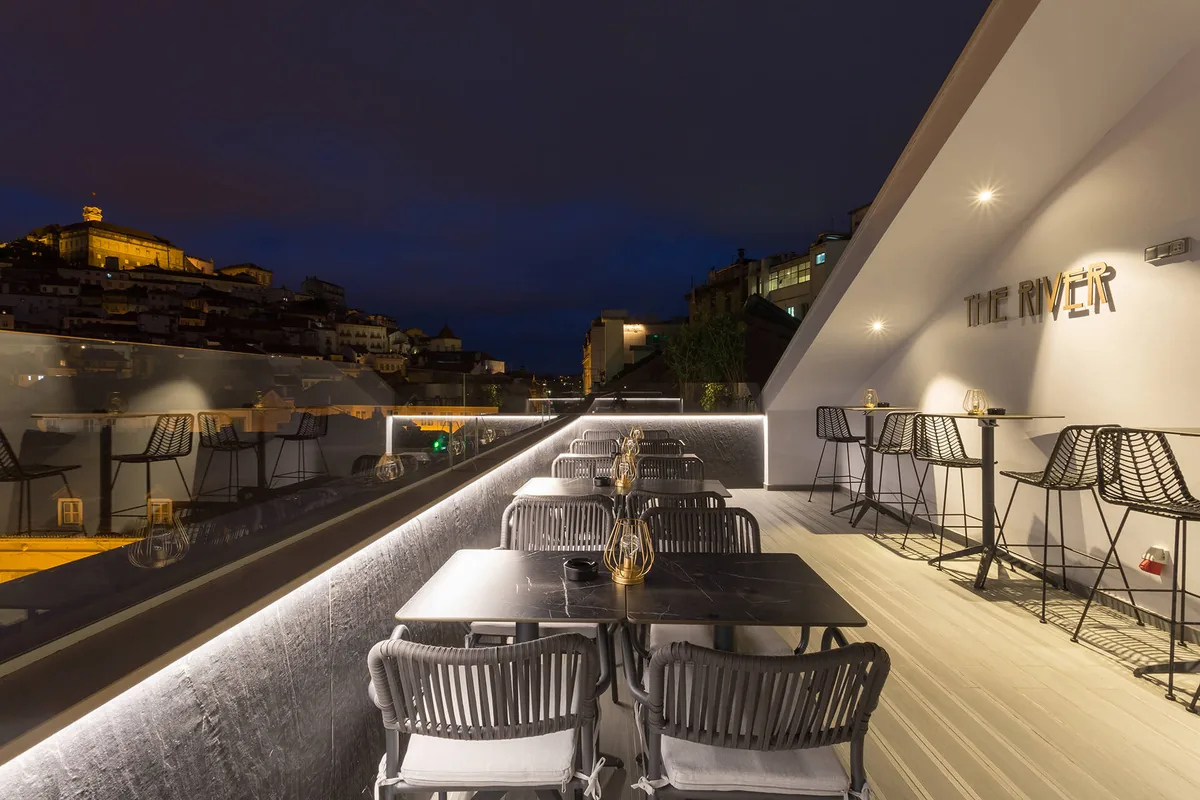 The rooftop terrace bar at Hotel Mondego, Coimbra, at dusk