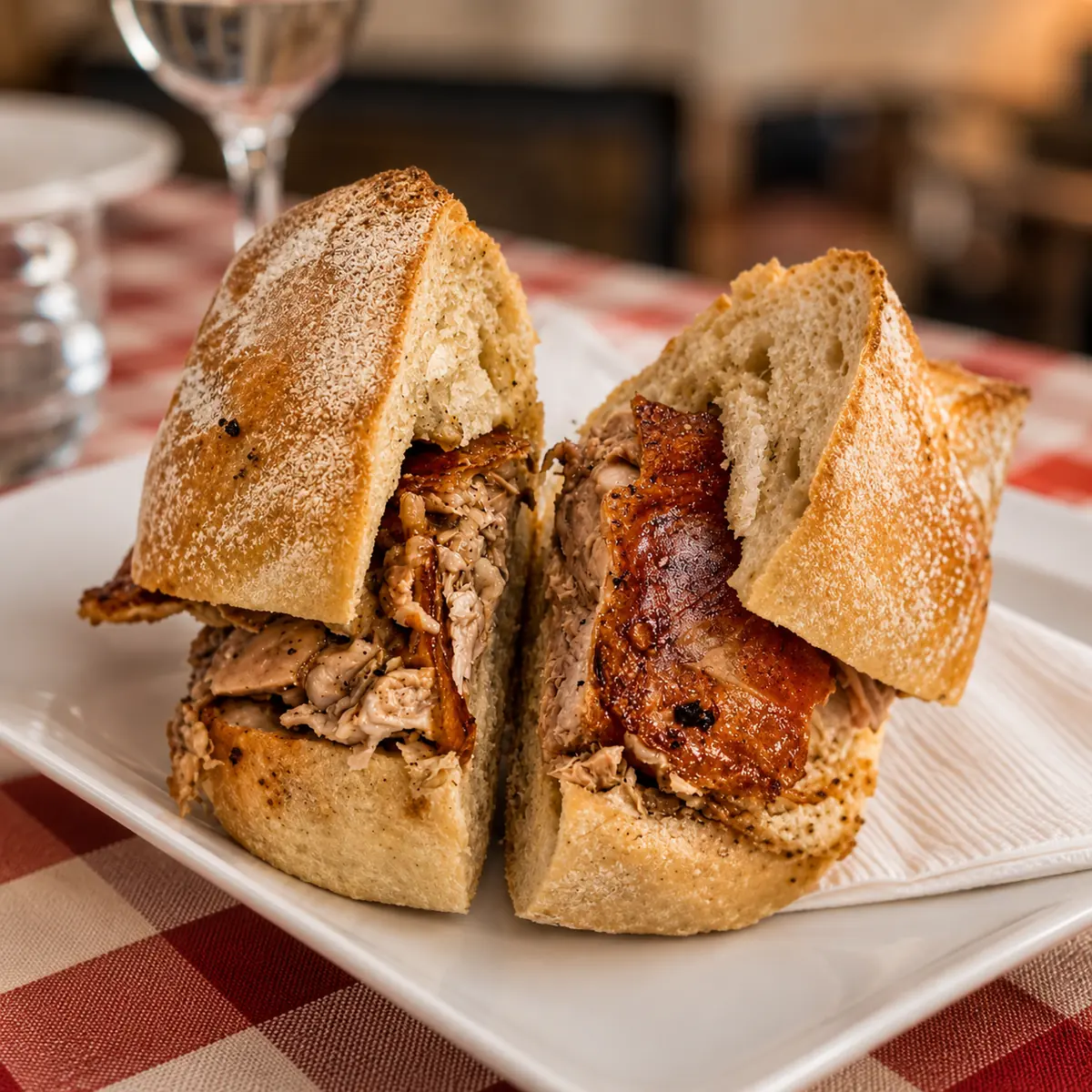 A suckling pig sandwich with crackling, cut in half on a plate