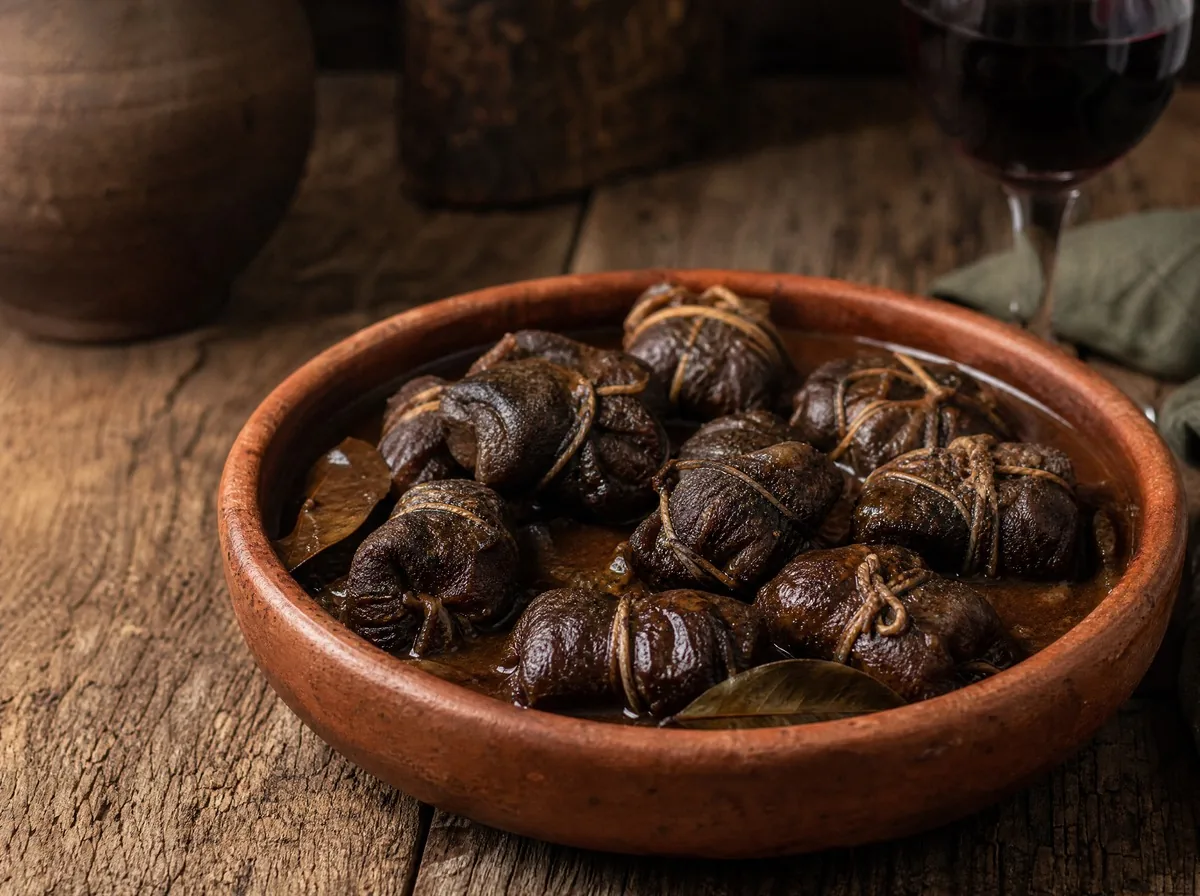 A rustic clay dish of tripe and offal cooking in a central Portuguese kitchen