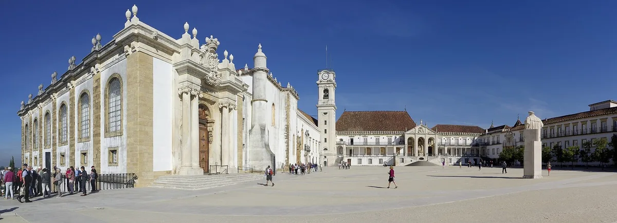 The Via Latina colonnade and clock tower above the Paço das Escolas courtyard, University of Coimbra
